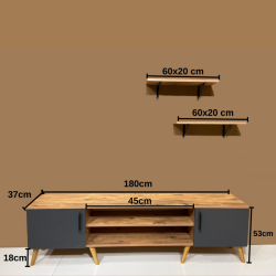 Lidya Kapaklı Raflı Tv Ünitesi, Duvar Rafı Atlantik Çam Antrasit Rengi - 5