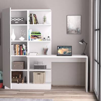 Narin Raflı Kitaplıklı Askılıklı Dolaplı Çalışma Masası Beyaz (DOLAP SOLDA) - 2