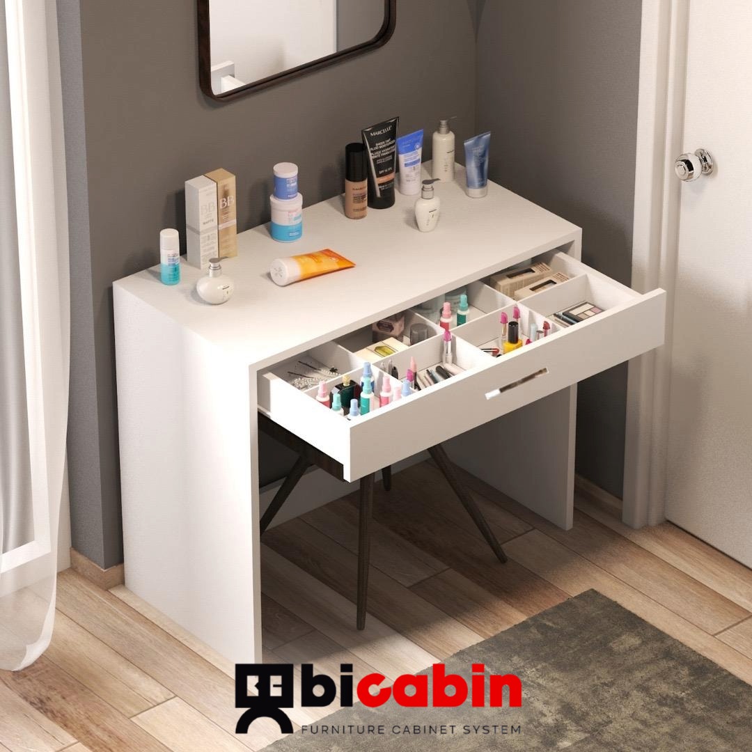 Arya Novella Bölmeli Organizer Çekmeceli Makyaj Masası -Beyaz (Kulplu)