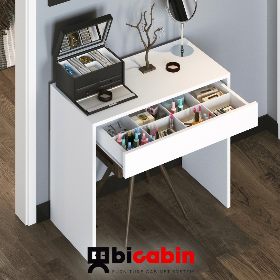 Arya Novella Bölmeli Organizer Çekmeceli Makyaj Masası -Beyaz (Kulpsuz)