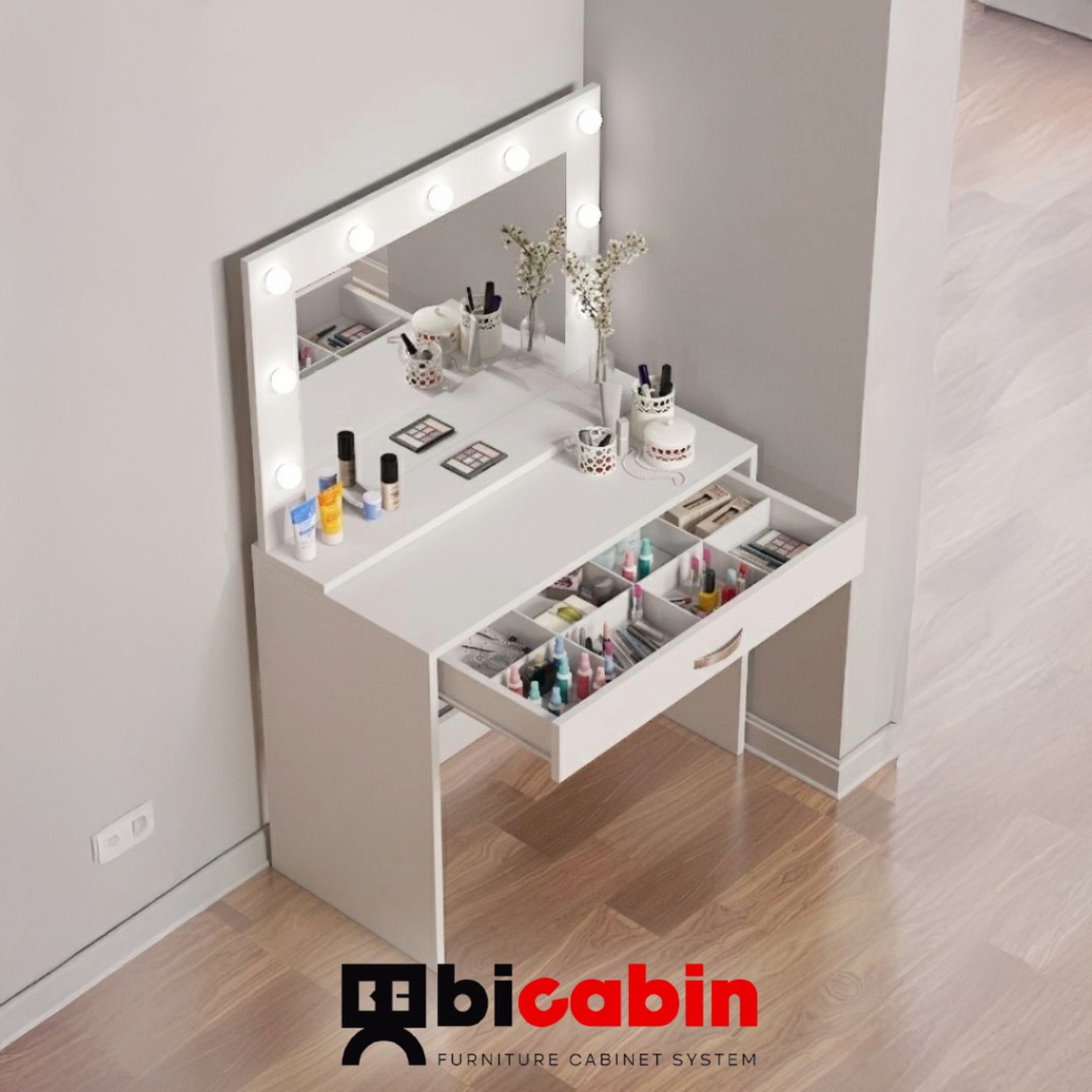 Arya Novella Hollywood Işıklı Aynalı Makyaj Masası Bölmeli Organizer Çekmeceli -Beyaz
