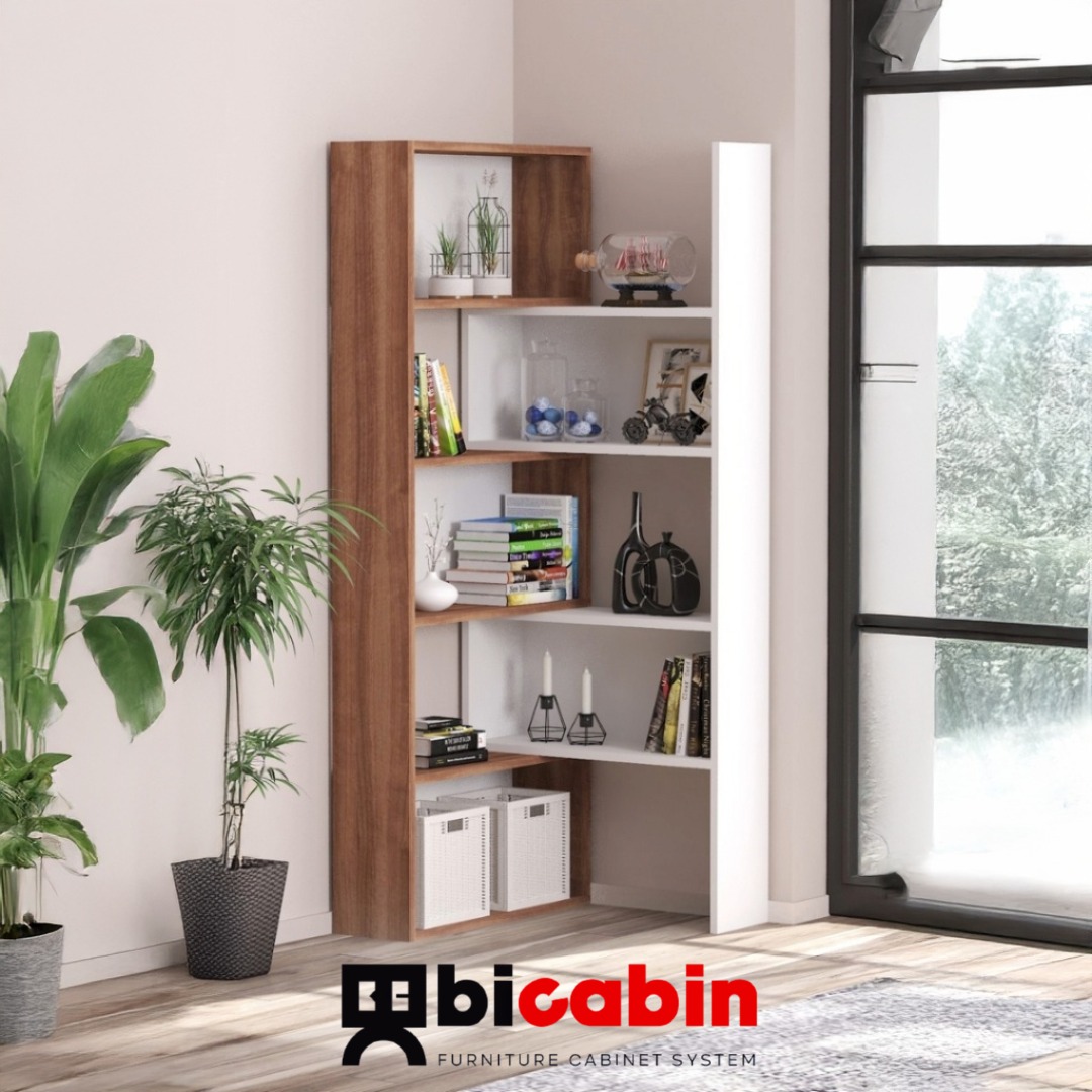 Ayarlanabilir Raflı Modüler Geçmeli Köşe Kitaplık -Atlantik Çam/Beyaz