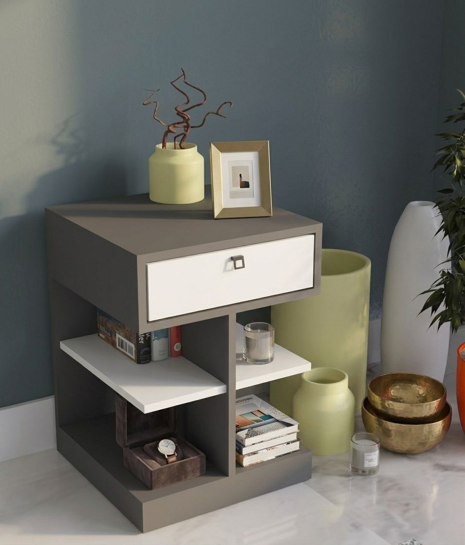 Çınar Raflı Çekmeceli Geniş Komodin -Antrasit/Beyaz