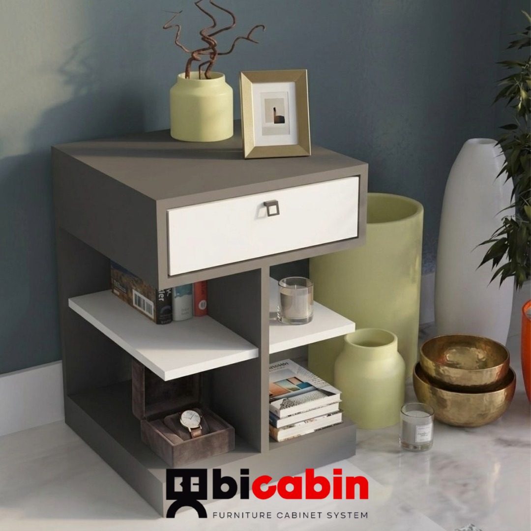 Çınar Raflı Çekmeceli Geniş Komodin -Antrasit/Beyaz