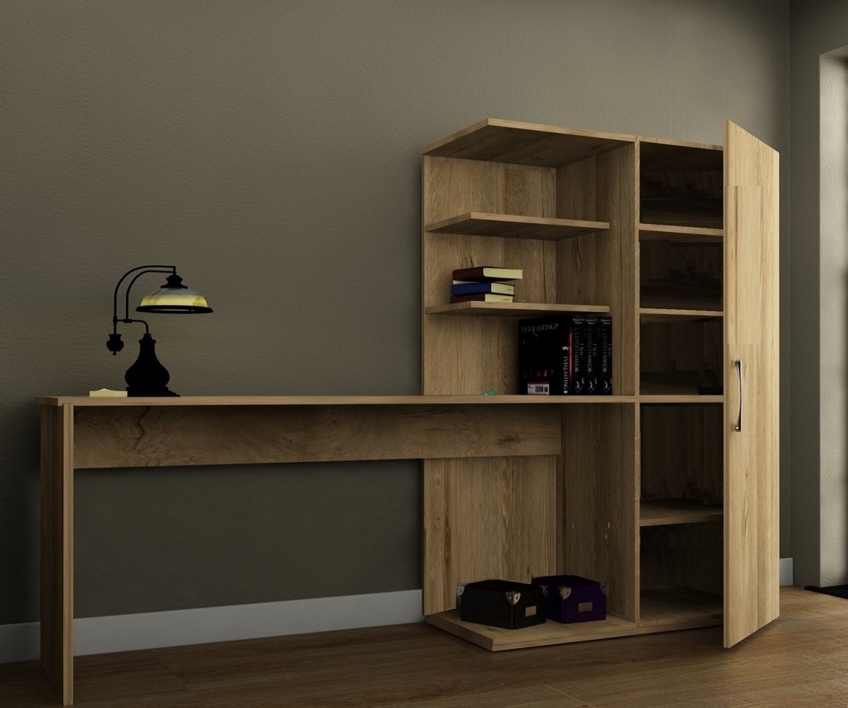 Narin Raflı Kitaplıklı Kapaklı Dolaplı Çalışma Masası - Lefkas Meşe (Dolap Sağ)