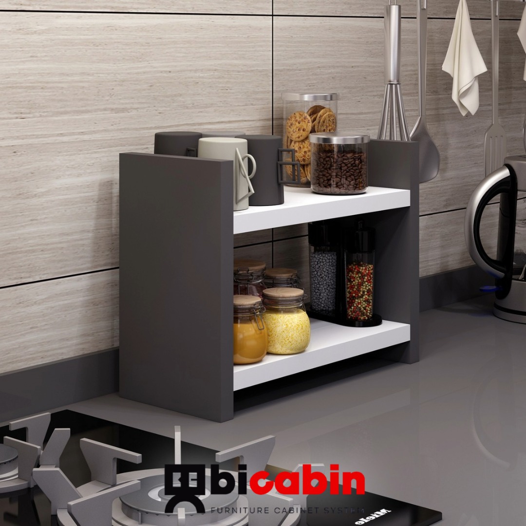 Denis Tezgah Üstü Mutfak Raf Kavanoz, Bardak Rafı -Antrasit/Beyaz