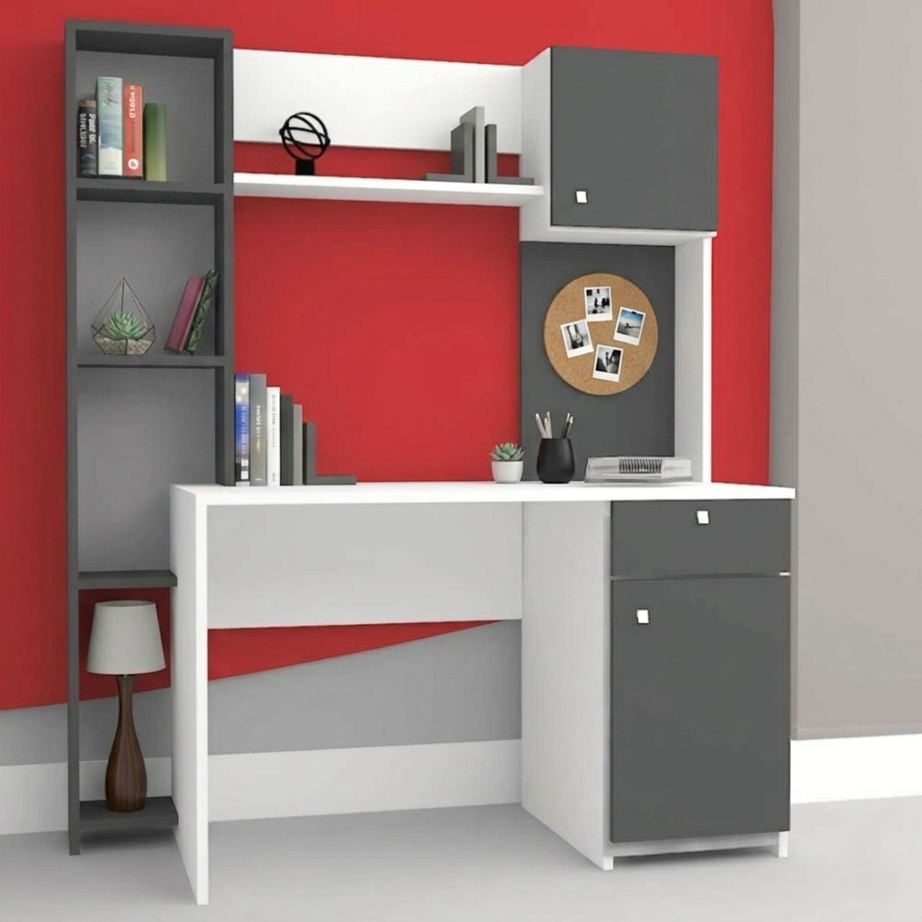 Estina Helen Dolaplı Çekmeceli Raflı Çalışma Masası -Antrasit/Beyaz