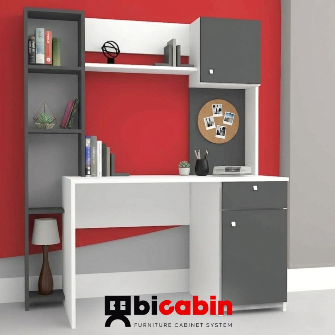 Estina Helen Dolaplı Çekmeceli Raflı Çalışma Masası -Antrasit/Beyaz