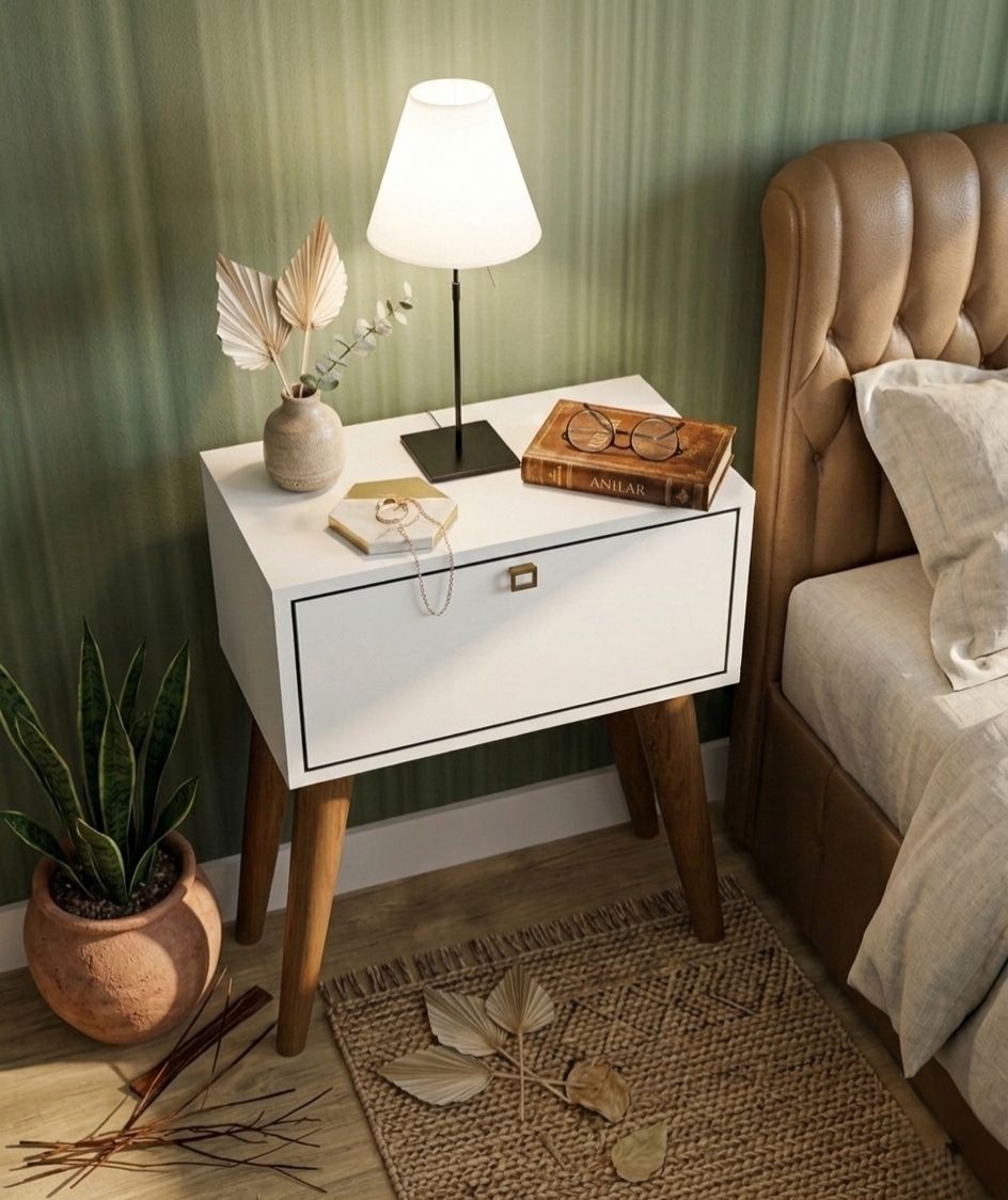 Komot Trend Tek Çekmeceli Komodin Ahşap Ayaklı -Beyaz