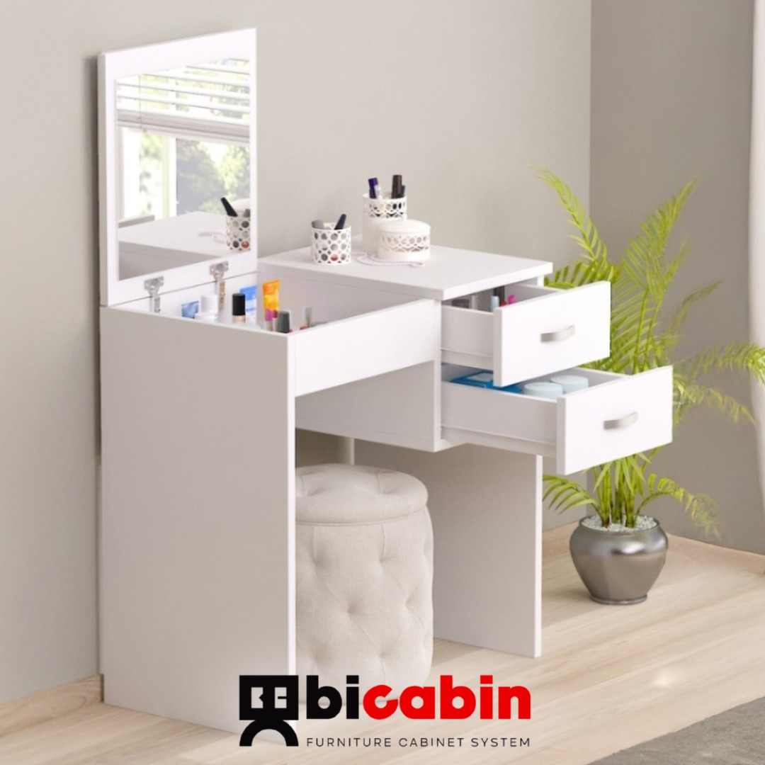 Luxe Aynalı 2 Çekmeceli Organizer Dolaplı Makyaj Masası -Beyaz