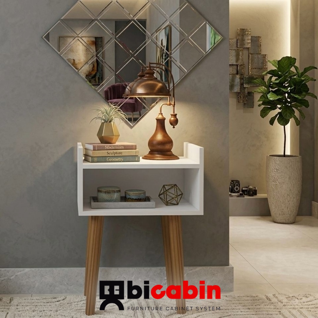 Lyon Tek Raflı Komodin Ahşap Ayaklı -Beyaz