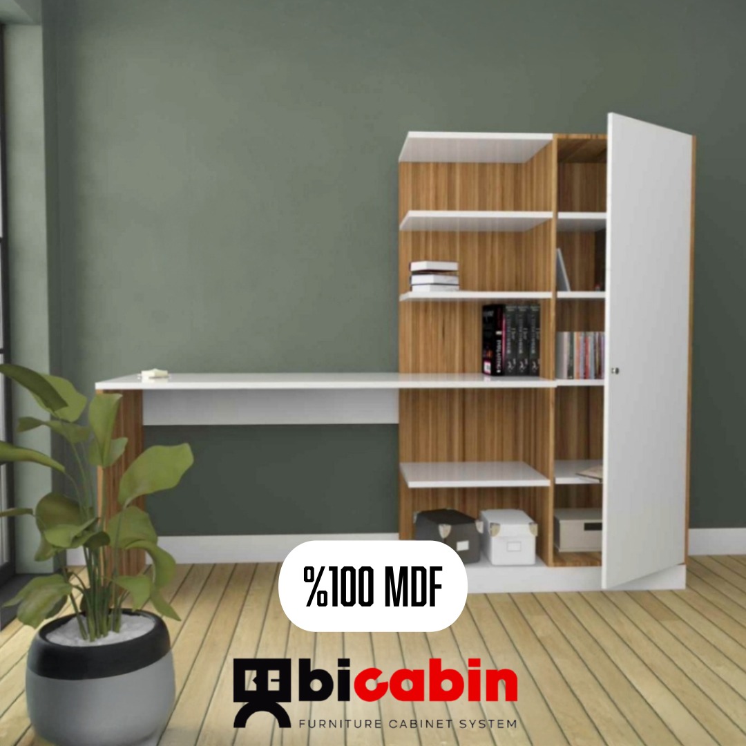 MDF Narin Raflı Kitaplıklı Kapaklı Dolaplı Çalışma Masası -Atlantik Çam/Beyaz (Dolap Sağ)