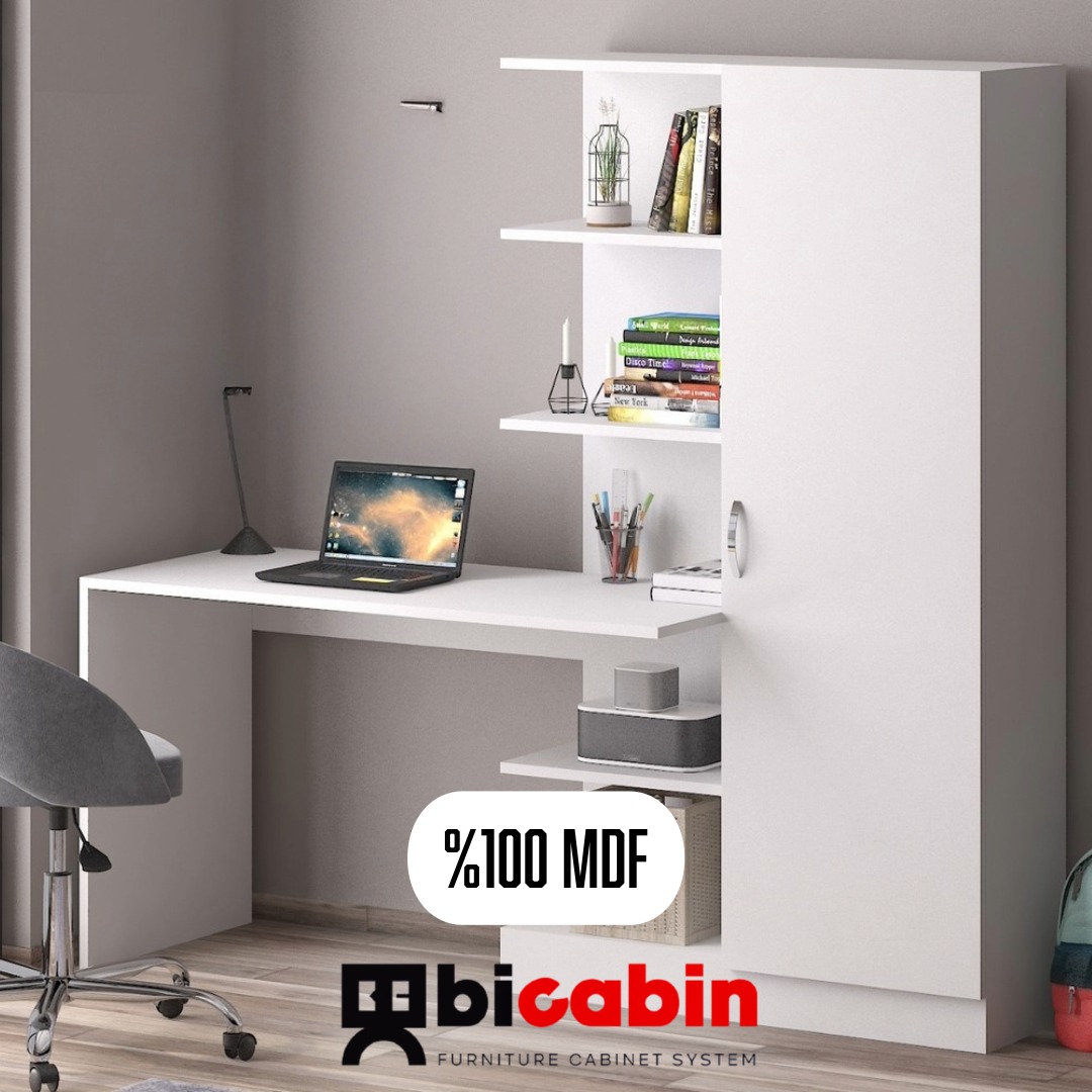 MDF Narin Raflı Kitaplıklı Kapaklı Dolaplı Çalışma Masası -Beyaz (Dolap Sağ)