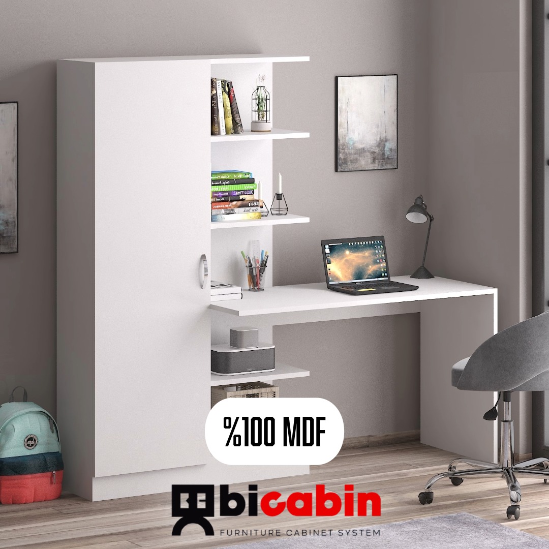 MDF Narin Raflı Kitaplıklı Kapaklı Dolaplı Çalışma Masası -Beyaz (Dolap Sol)