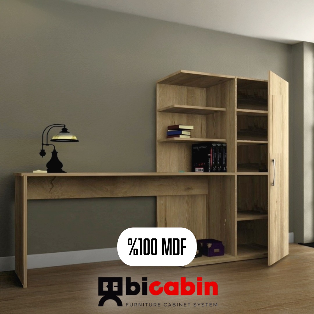 MDF Narin Raflı Kitaplıklı Kapaklı Dolaplı Çalışma Masası -Lefkas Meşe (Dolap Sağ)
