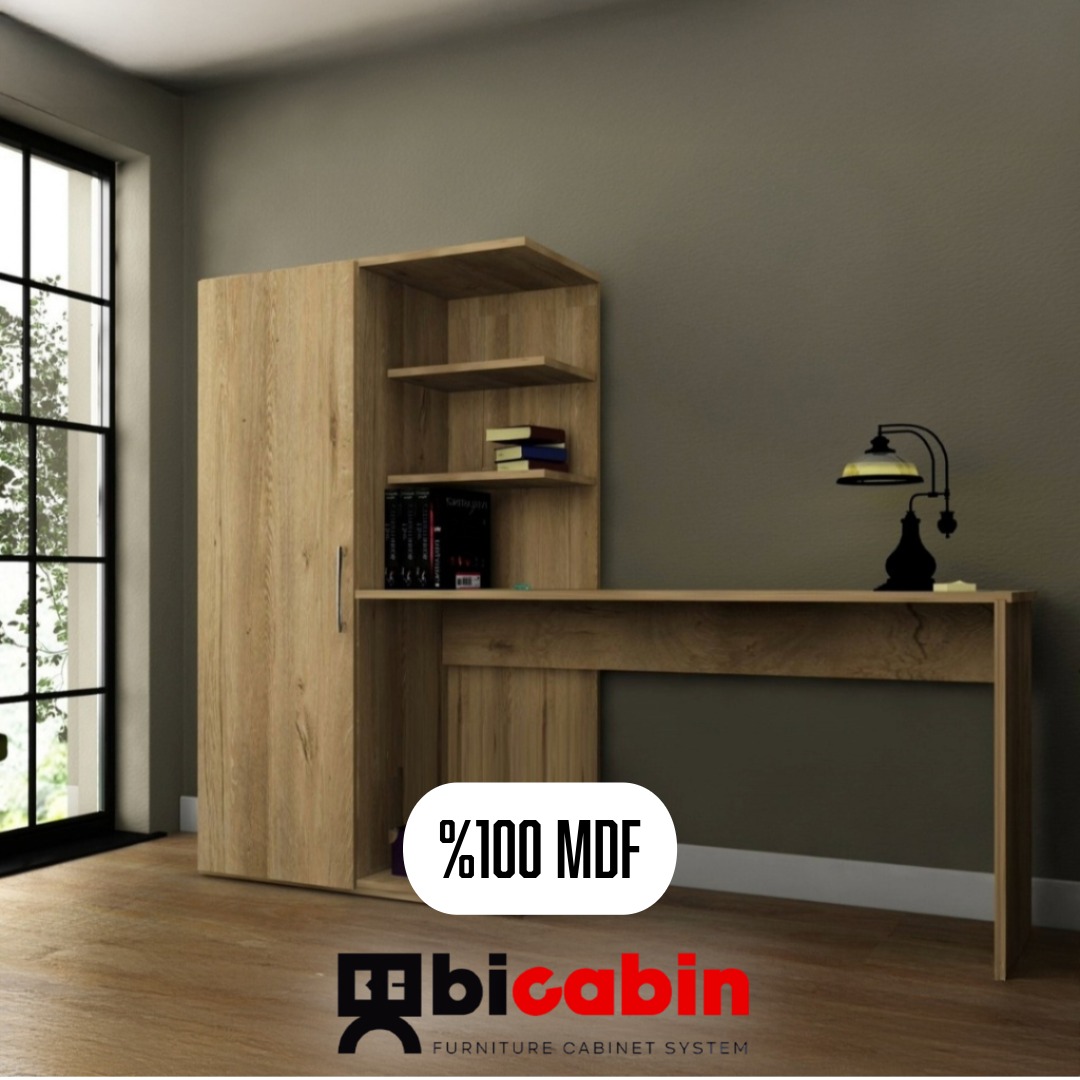 MDF Narin Raflı Kitaplıklı Kapaklı Dolaplı Çalışma Masası -Lefkas Meşe (Dolap Sol)