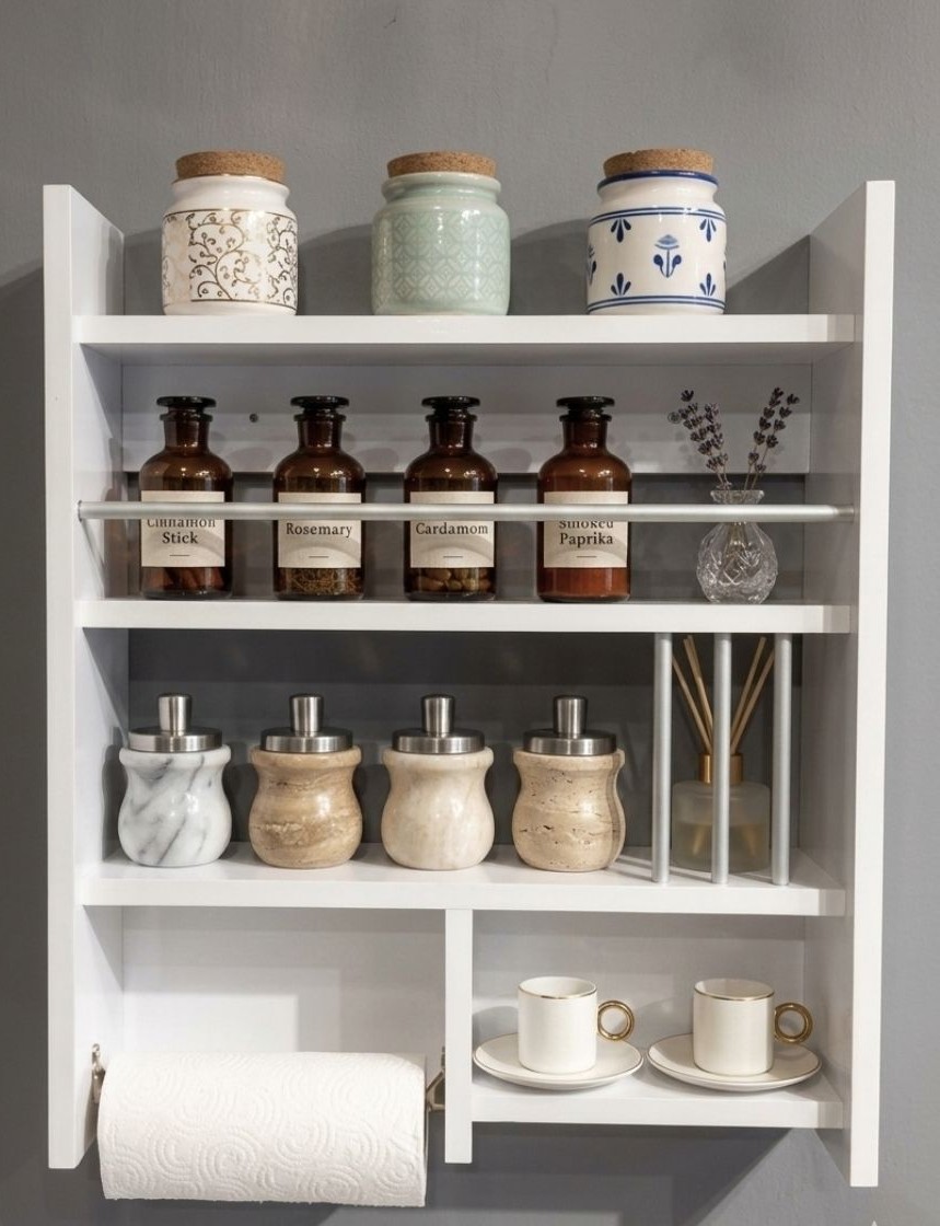 Mutfak Terek Dekoratif Çok Amaçlı Duvar Rafı Düzenleyici -Beyaz