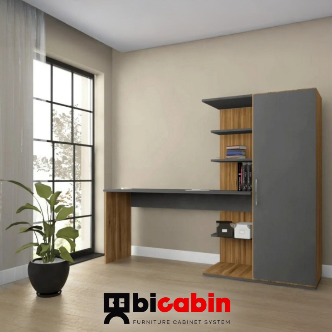 Narin Raflı Kitaplıklı Kapaklı Dolaplı Çalışma Masası - Atlantik Çam/Antrasit (Dolap Sağ)