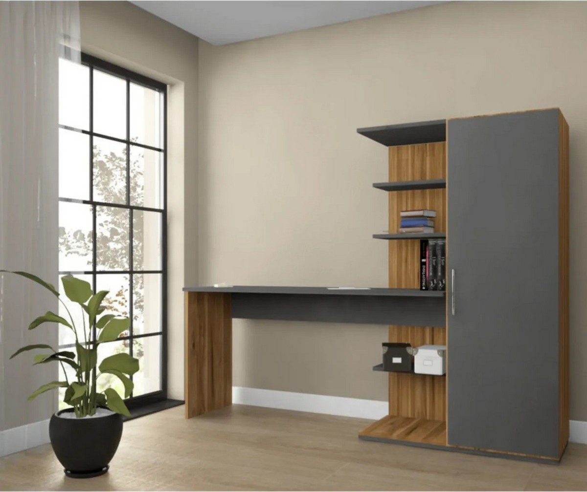 Narin Raflı Kitaplıklı Kapaklı Dolaplı Çalışma Masası - Atlantik Çam/Antrasit (Dolap Sağ)