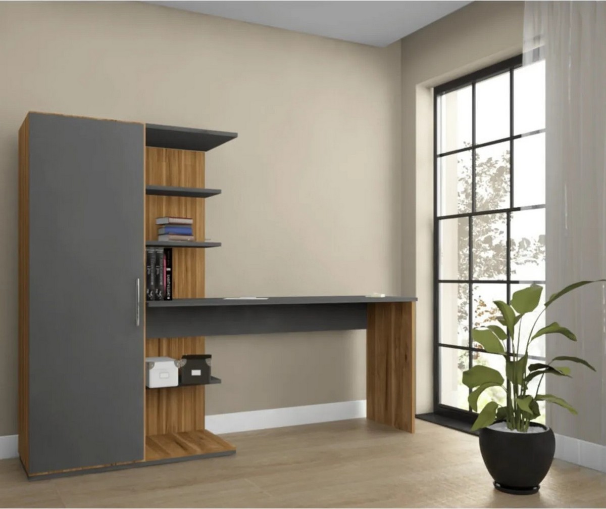 Narin Raflı Kitaplıklı Kapaklı Dolaplı Çalışma Masası - Atlantik Çam/Antrasit (Dolap Sol)
