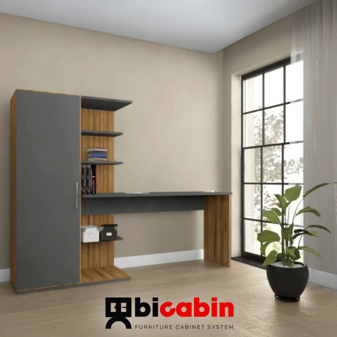 Narin Raflı Kitaplıklı Kapaklı Dolaplı Çalışma Masası - Atlantik Çam/Antrasit (Dolap Sol)