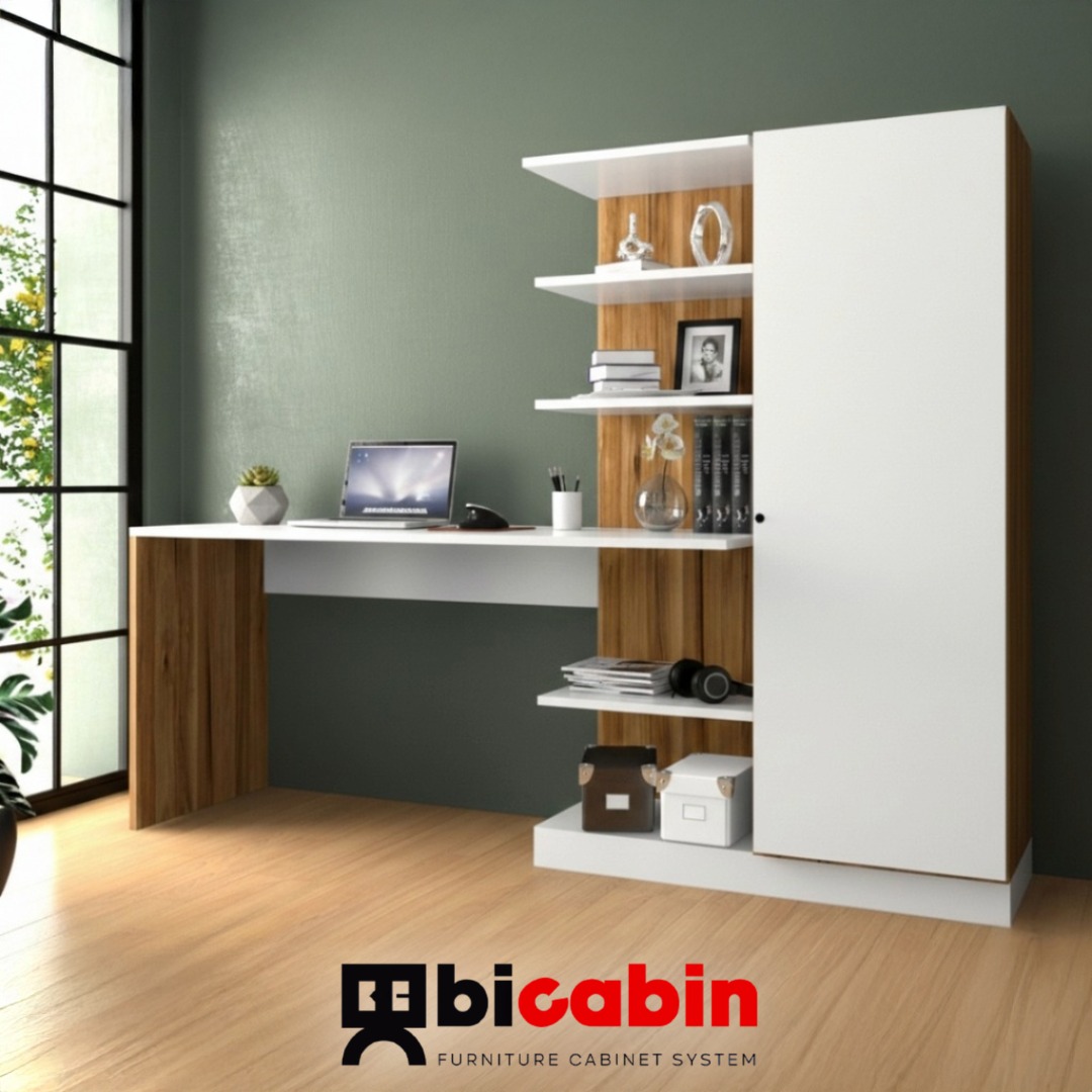 Narin Raflı Kitaplıklı Kapaklı Dolaplı Çalışma Masası - Atlantik Çam/Beyaz (Dolap Sağ)