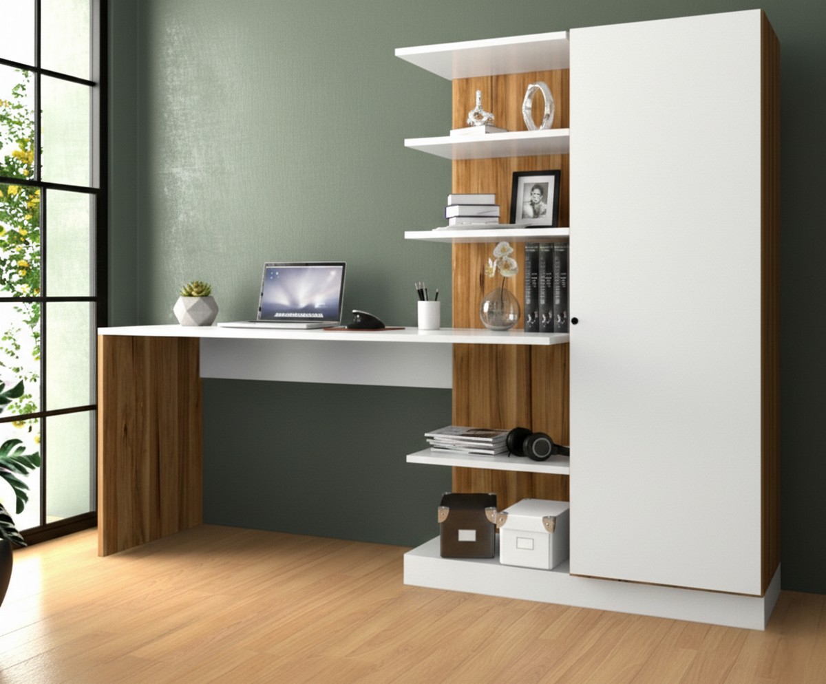 Narin Raflı Kitaplıklı Kapaklı Dolaplı Çalışma Masası - Atlantik Çam/Beyaz (Dolap Sağ)