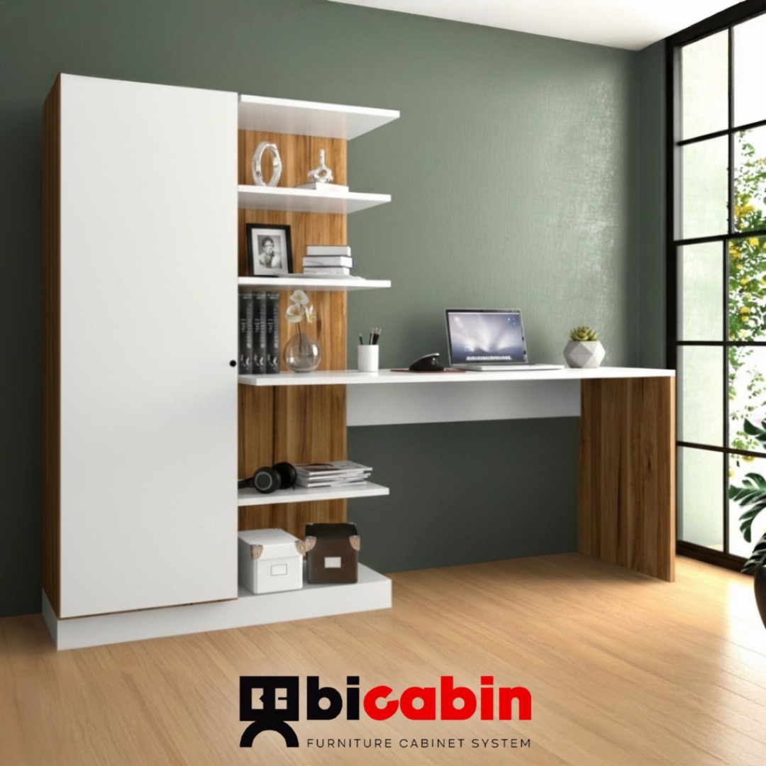 Narin Raflı Kitaplıklı Kapaklı Dolaplı Çalışma Masası - Atlantik Çam/Beyaz (Dolap Sol)