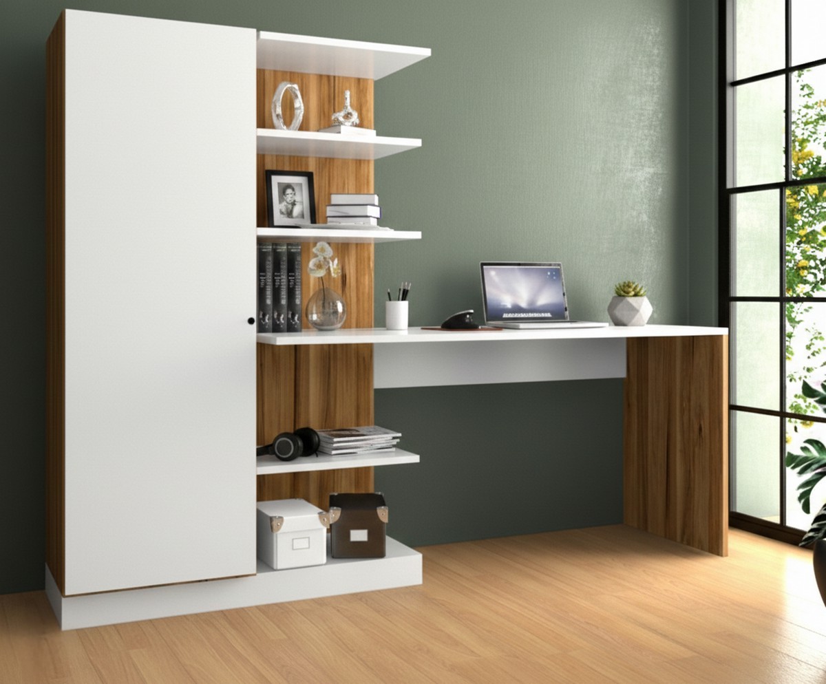 Narin Raflı Kitaplıklı Kapaklı Dolaplı Çalışma Masası - Atlantik Çam/Beyaz (Dolap Sol)