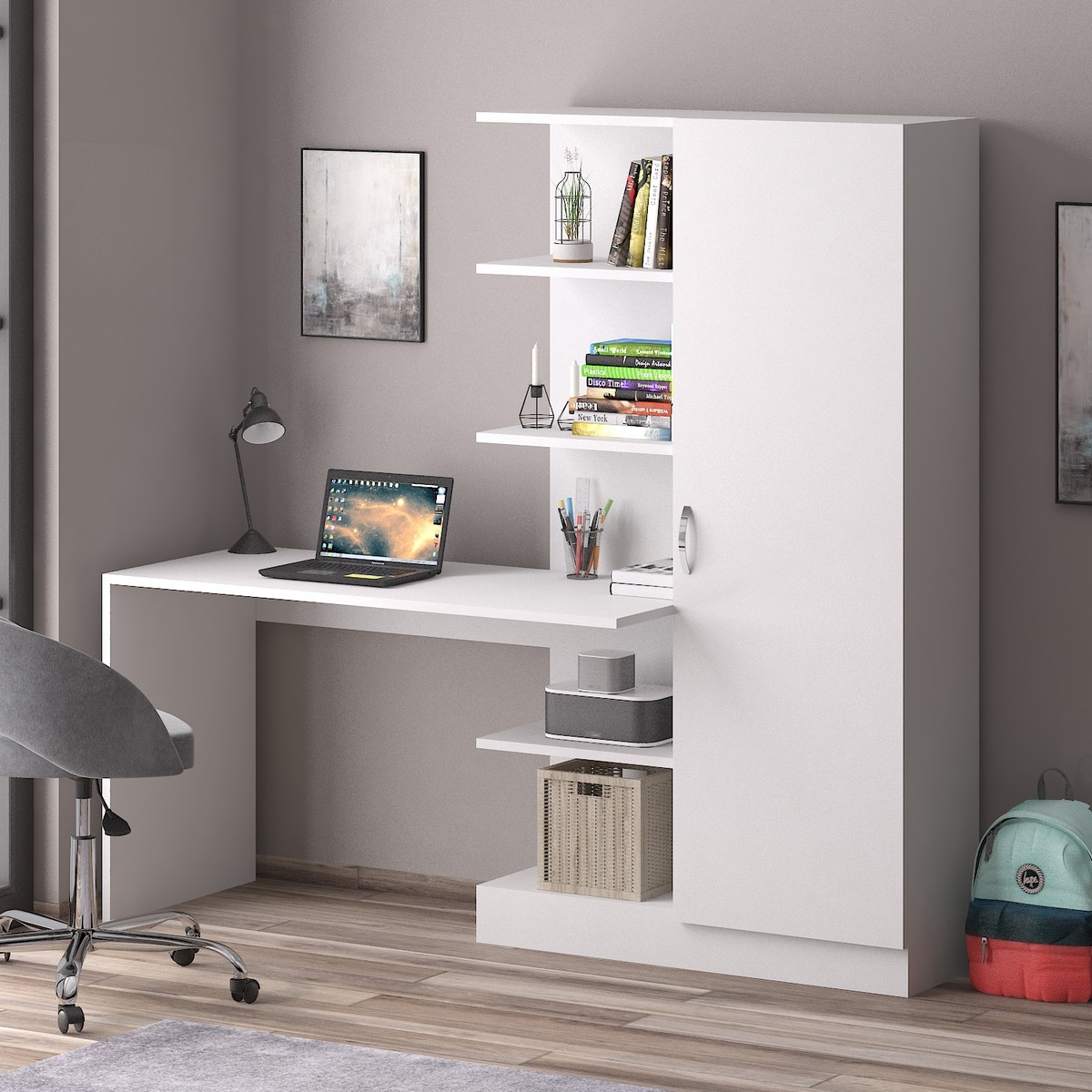 Narin Raflı Kitaplıklı Kapaklı Dolaplı Çalışma Masası - Beyaz (Dolap Sağ)