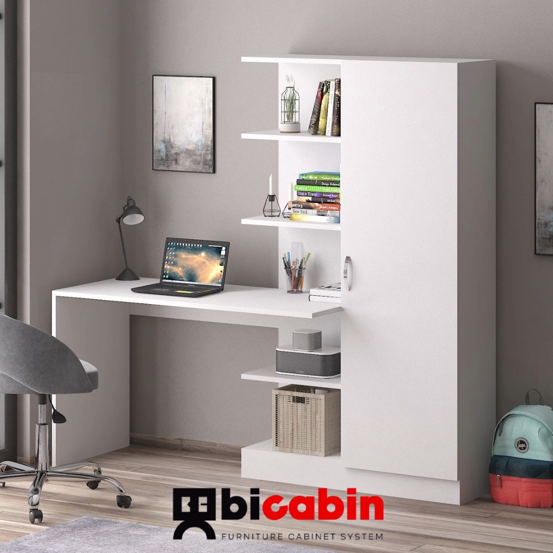 Narin Raflı Kitaplıklı Kapaklı Dolaplı Çalışma Masası - Beyaz (Dolap Sağ)