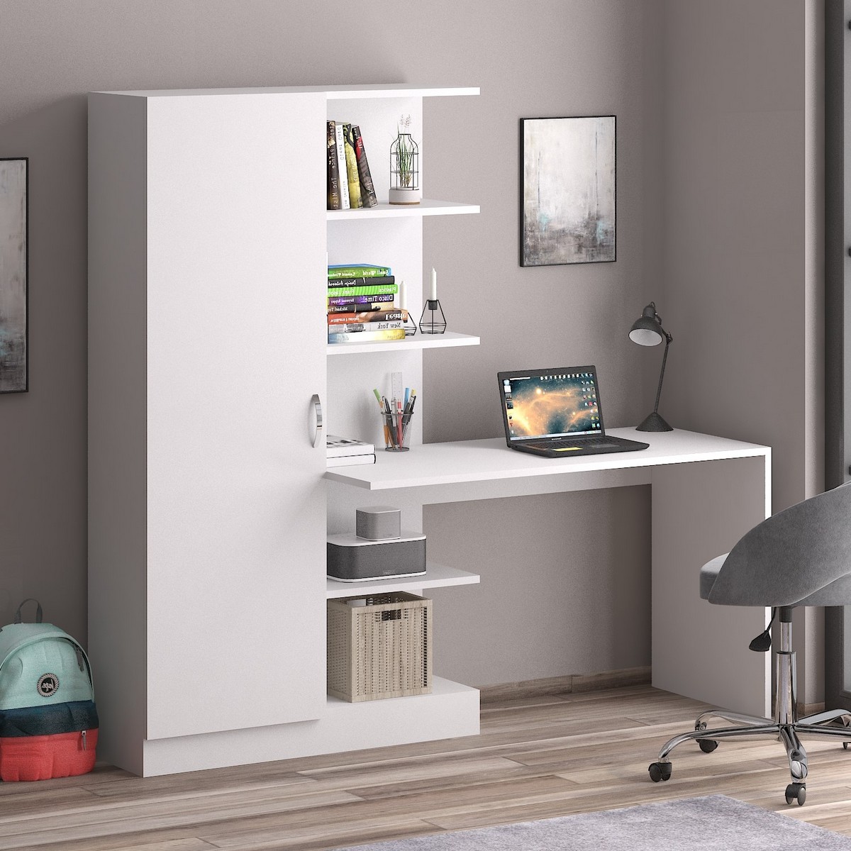 Narin Raflı Kitaplıklı Kapaklı Dolaplı Çalışma Masası - Beyaz (Dolap Sol)