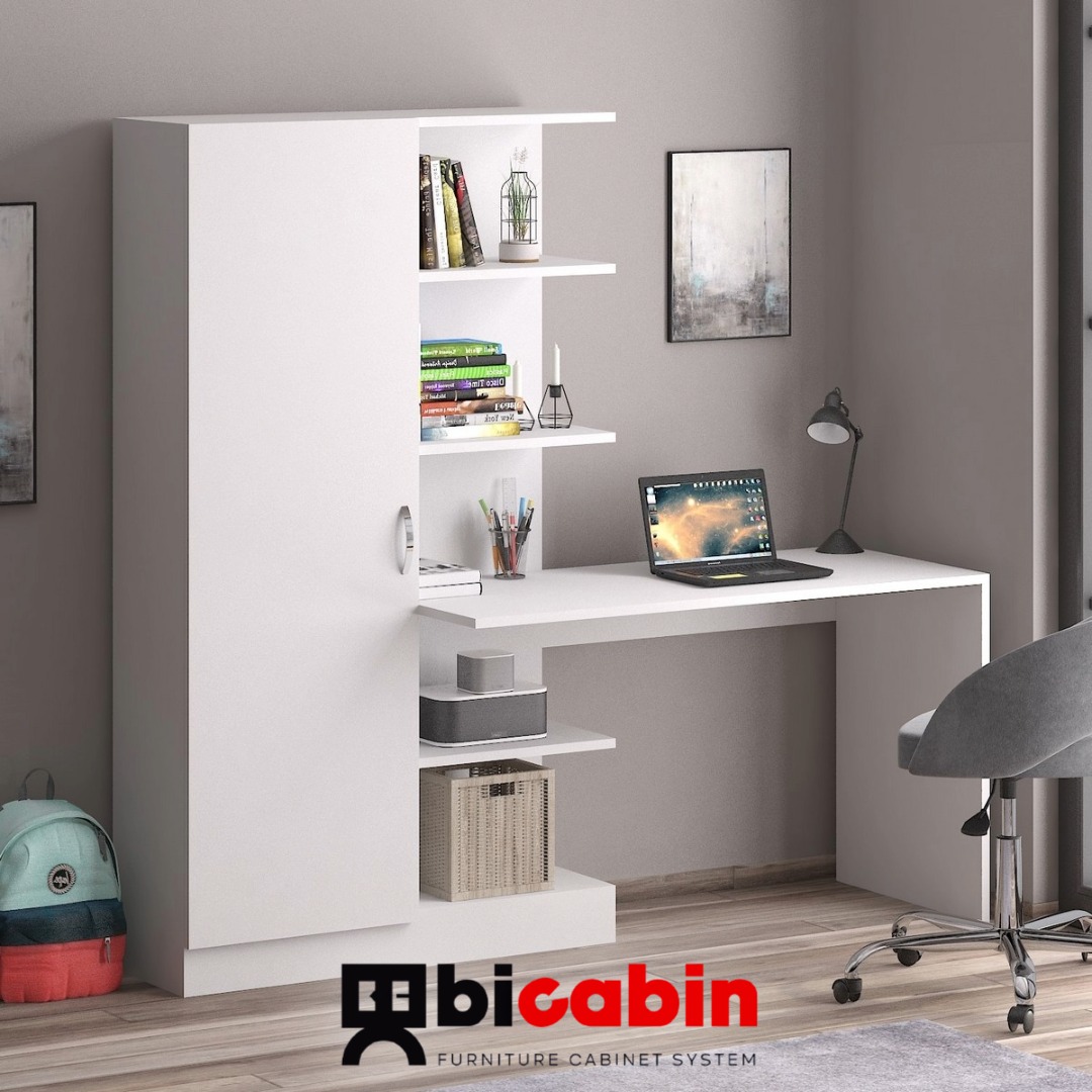 Narin Raflı Kitaplıklı Kapaklı Dolaplı Çalışma Masası - Beyaz (Dolap Sol)