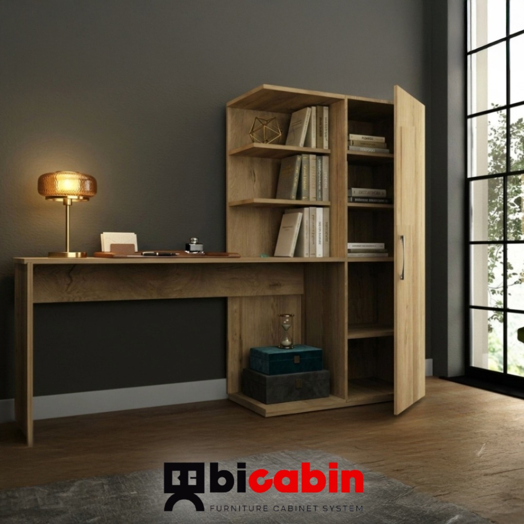 Narin Raflı Kitaplıklı Kapaklı Dolaplı Çalışma Masası - Lefkas Meşe (Dolap Sağ)