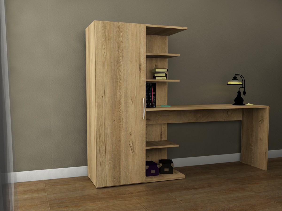 Narin Raflı Kitaplıklı Kapaklı Dolaplı Çalışma Masası - Lefkas Meşe (Dolap Sol)