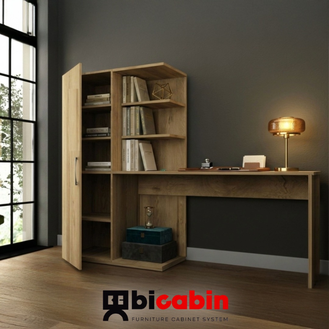 Narin Raflı Kitaplıklı Kapaklı Dolaplı Çalışma Masası - Lefkas Meşe (Dolap Sol)