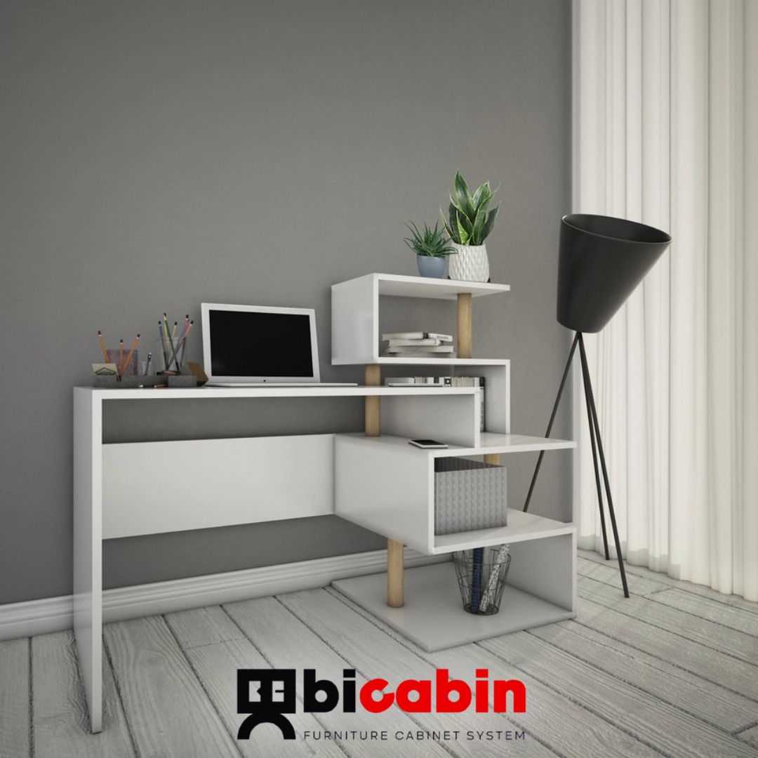 Okyanus Raflı Modüler Ofis Laptop Çalışma Masası -Beyaz