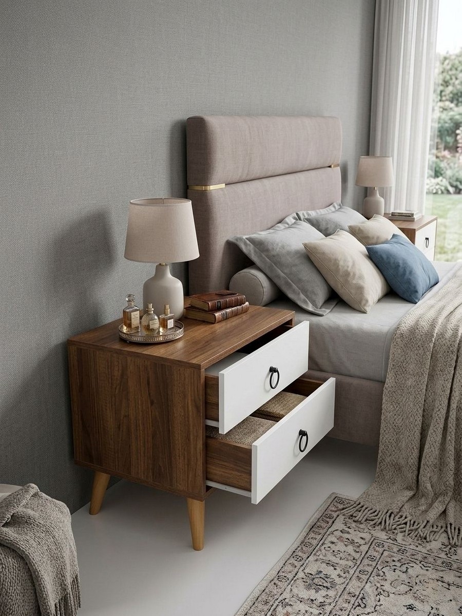 Oslo 2 Çekmeceli Komodin Ahşap Ayaklı - Barok/Beyaz