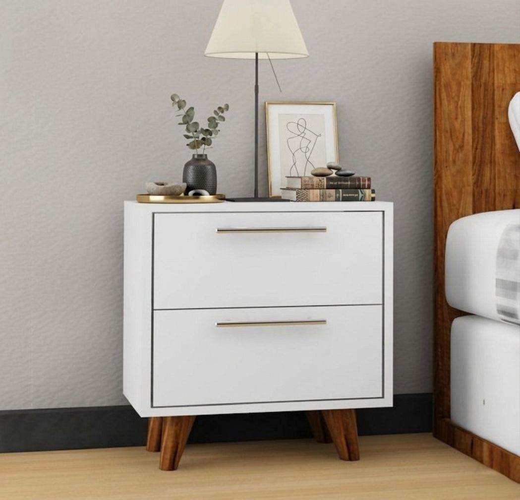 Oslo 2 Çekmeceli Komodin Ahşap Ayaklı -Beyaz