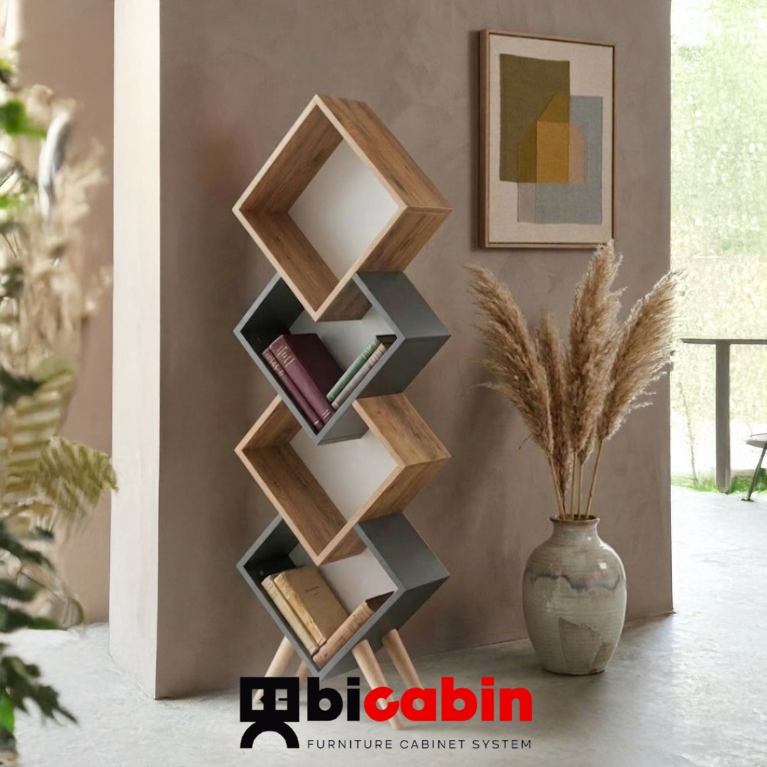 Üçgen 4 Bölmeli Dekoratif Kitaplık Ahşap Ayaklı -Atlantik Çam/Antrasit 