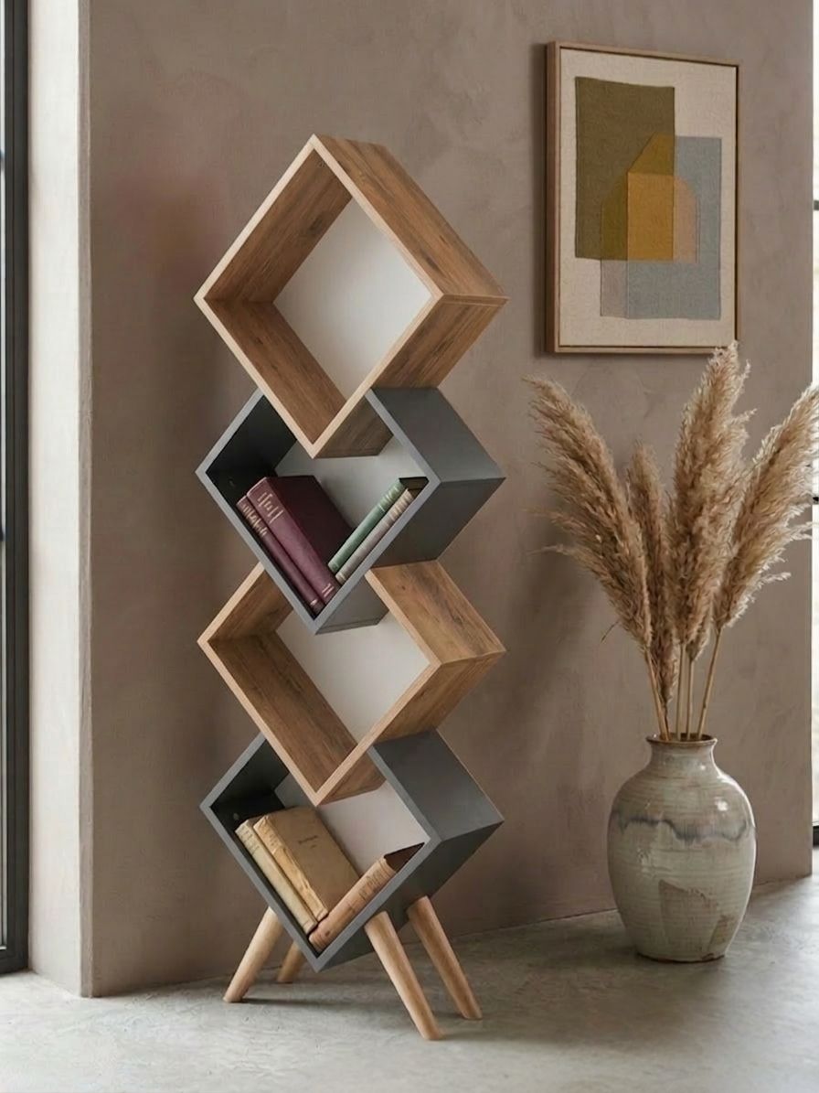 Üçgen 4 Bölmeli Dekoratif Kitaplık Ahşap Ayaklı -Atlantik Çam/Antrasit 